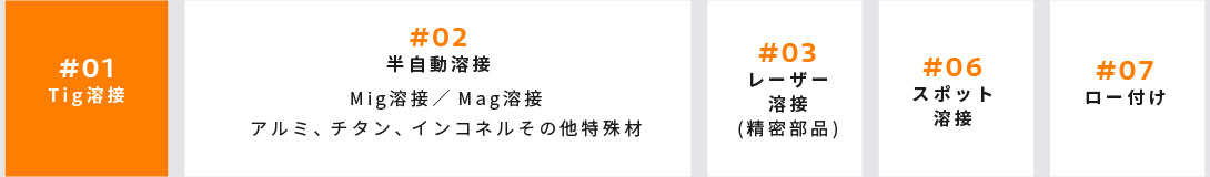 #01 Tig溶接 | #02 半自動溶接 Mig溶接／Mag溶接 アルミ、チタン、インコネルその他特殊材 | #03 レーザー 溶接 (精密部品) | #06 スポット 溶接 | #07 ロー付け