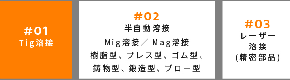 #01 Tig溶接 | #02 半自動溶接 Mig溶接／Mag溶接 樹脂型、プレス型、ゴム型、鋳物型、鍛造型、ブロー型 | #03 レーザー 溶接 (精密部品)