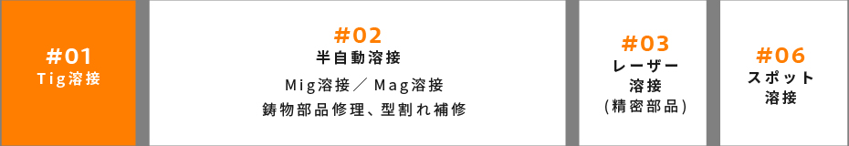 #01 Tig溶接 | #02 半自動溶接 Mig溶接／Mag溶接 鋳物部品修理、型割れ補修 | #03 レーザー 溶接 (精密部品) | #06 スポット 溶接